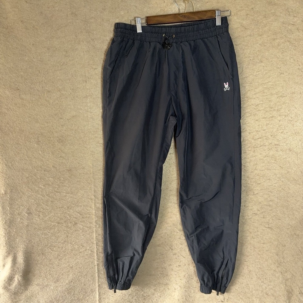 Psycho Bunny Joggers Men Sz M‎ Black Zip Hem Lined Drawstring Pockets